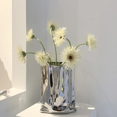 吉米家 手工電鍍褶皺陶瓷花瓶擺件 插花現代簡約仿不銹鋼, 詳見包裝