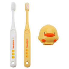 PiYOPiYO 黃色小鴨 幼兒牙刷組 毛尖圓潤光滑 不傷齒齦及法瑯質 小巧刷頭 附造型保潔盒, 白色 + 黃色, 2支, 1組