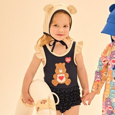 Care Bears女童款柔軟愛心熊連身泳衣+遮陽帽組