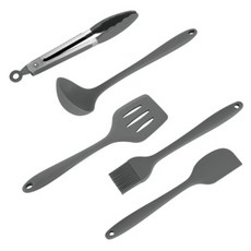 PNPOONGNYUN 矽膠廚具5件套組, 湯勺 + 油刷 + 刮刀 + 夾子 + 鍋鏟, 灰色, 1個