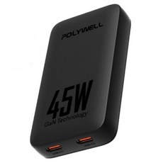 POLYWELL 寶利威爾 45W Dual Port Type-C 快充頭 快充 GaN氮化鎵 輕薄型 黑色 PW15-T05-A169