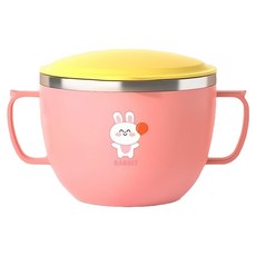 Couselect 卡通提手兒童帶蓋碗 316不銹鋼材質/防燙飯碗/學生寶寶適用, 小兔, 1個