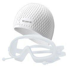 RESHEIR 成人大框高清防霧泳鏡 + 泳帽套組, 白色, 1個