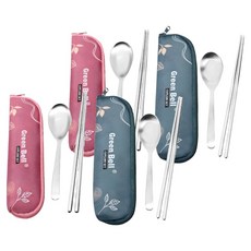 Green Bell 綠貝 304春氛餐具4件組, 灰藍色 + 粉色, 1套, 湯匙 + 筷子 + 餐具袋