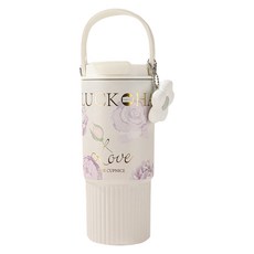 THE CUPNICE 繁花手提陶瓷覆層咖啡杯 大容量雙飲保溫杯 泡茶杯 保溫保冷 馬克杯, 白色, 1個, 800ml
