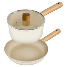 OSLO 電磁爐 Cream 陶瓷平底鍋 + 單柄鍋套組, 象牙白, 1套, 平底鍋 24cm + 單柄鍋 18cm