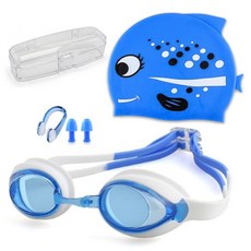 OMG 兒童防水防霧泳鏡游泳帽套組 加寬大鏡框不壓眼圈, 藍白斑點魚, 1套