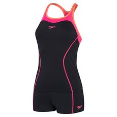 speedo 女款運動兩件式平口泳裝 SD810400B344, 黑色 + 電氣粉