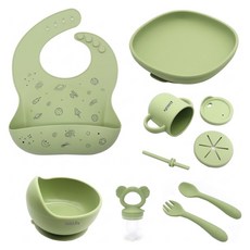 KidsLife 寶寶餐具彌月禮盒7件組 B款, 橄欖綠, 1套, 矽膠圍兜 + 矽膠餐盤 + 矽膠餐碗 + 矽膠杯 + 矽膠餵食奶嘴+ 矽膠勺 + 矽膠叉