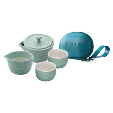 staub 攜帶式旅行陶瓷茶具 4件組, 天青色, 1套, 蓋碗+ 公道杯 + 茶杯+ 收納包