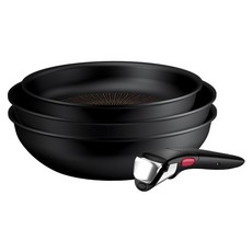 Tefal 特福 精悍巧變精靈系列 鍋具4件組, 熔岩黑, 1套, 28cm炒鍋 + 28cm平底鍋 + 24cm平底鍋 + 可拆式把手