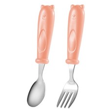 Seekis 304不鏽鋼兒童/寶寶吃飯餐具2件組, 粉色, 1套, 勺子 + 叉子
