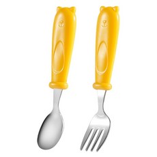 Seekis 304不鏽鋼兒童/寶寶吃飯餐具2件組, 黃色, 1套, 勺子 + 叉子