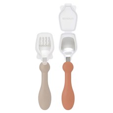 EDISON mama 湯叉組, 橘紅色 + 淺棕色, 1套, 叉子 + 湯匙 + 防塵蓋 2個