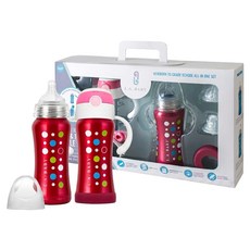 L.A.BABY 四階段316超輕不鏽鋼保溫奶瓶成長禮盒15件組, 玫瑰紅, 1套, 270ml