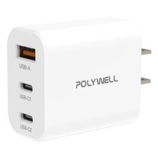 POLYWELL 寶利威爾 雙Type-C+USB 30W 三孔PD快充頭 PW15-T05-A055, 白色, 1個