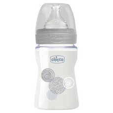 chicco 舒適哺乳 防脹氣玻璃奶瓶 小單孔, 自然率性 透明, 150ml, 1個