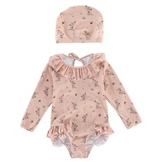 愛北鼻 ins女童 粉碎花 長袖圓領連體泳衣+泳帽 130碼 建議120-130cm 1入