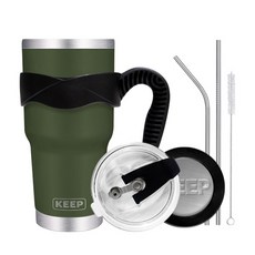 KEEP CAMPING 4YOU 大容量不鏽鋼保溫保冷隨行杯 + 密封吸管蓋 + 單線握把 + 吸管清潔刷 + 底部矽膠墊圈, 卡其色, 900ml, 1個