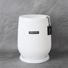 MORIANN 現代長條紋圓形塑膠花盆 1822W + 底盤組, 白色, 1個