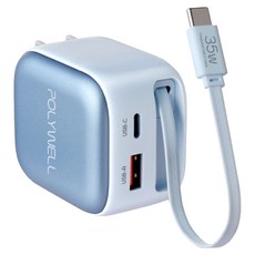 POLYWELL 寶利威爾 Type-C伸縮線快充頭 35W Type-C + USB-A PD/QC快充 PW15-T05-A206, 藍色, 1個
