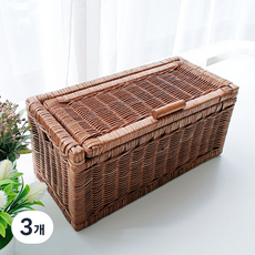 MAISONINDAHRATTANSHOP 藤條長方形蓋藤籃, 3個, 棕色
