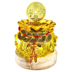 財神小舖 招財進寶五帝錢袋聚寶盆 琉璃元寶擺件 4.7 x 2.9 x 6.5cm + 多色小寶 120g + 五帝錢套繩 + 琉璃錢袋聚寶盆 7 x 8cm + 實木LED燈底座10cm, 開運黃, 1個