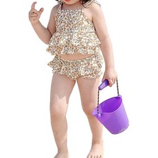 愛北鼻 ins女童泳衣 吊帶分體泳衣+泳褲+泳帽 100碼 建議90-100cm, 1入, 小橘子