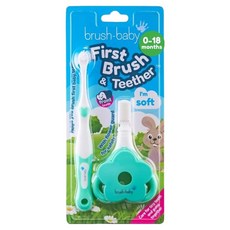 brush-baby 寶寶的第一套乳齒潔牙組 0-18個月適用 柔軟刷毛按摩牙齦 愛心握把, 藍綠色 + 白色, 1組