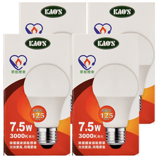KAO'S 高氏 超省電 電燈泡 E27 7.5W, 黃光, 4個