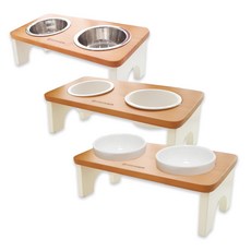 MONAGIO 寵物2格木製碗架+不鏽鋼碗 2入+陶瓷碗 2入+美耐皿碗 2入, Natural White(Sweet Solid Wood Tableware), 1組