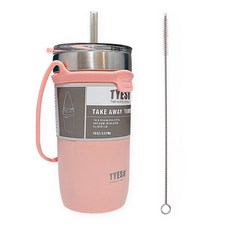 TYESO 泰碩 真空不鏽鋼手柄背帶隨行杯 + Tritan吸管 + 吸管清潔刷, 粉紅色, 550ml, 1個