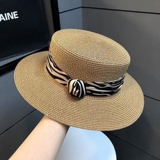 DMELD 女款斑馬紋緞帶平邊夏季草帽