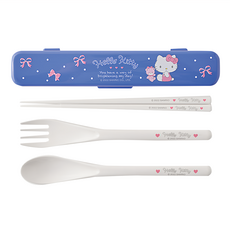 SHIERN-CHIU 廣億實業 Hello Kitty 凱蒂貓 卡通環保隨行餐具組 1組 湯匙 + 叉子 + 筷子 + 收納盒 藍色 + 白色 野餐 凱蒂貓