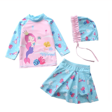 女童長袖褲裙式泳衣組 泳衣 + 褲裙 + 泳帽