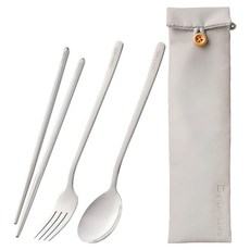 ZEN ZHOU 仁舟淨塑 微笑地球餐具3件組 附保特紗袋 筷子200mm + 叉子200 x 25mm + 湯匙200 x 40mm + 保特紗袋290 x 70mm, 1組, 米色+銀色