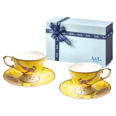 A&L 骨瓷咖啡對杯禮盒組, 五福報喜 黃色, 1組