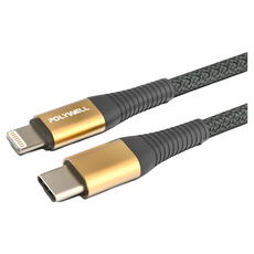 POLYWELL 寶利威爾 Type-C Lightning 蘋果PD快充編織線 iPhone PW15-W45-A287, 1m, 金色, 1條
