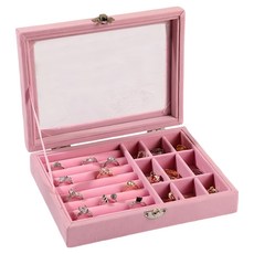 iSFun 透明絨布金屬扣飾品首飾珠寶收納盒, 1個, 粉色