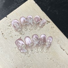 手雕立體花瓣純手工穿戴甲爆閃紫貓眼穿戴甲成品, 中橢圓 紫荊花, XS