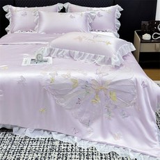 水洗冰絲刺繡夏被四件套 學生宿舍絲滑涼感空調被床品, 蝶夢-淡紫,1.5m牀:牀單四件套 夏被150x20