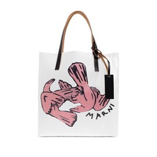 마르니 버드 프린트 레더 토트 백