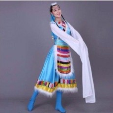 藏族舞蹈演出服裝-成人水袖大擺長裙, 1個, 天藍色 送頭飾腰帶鞋套,M 建議50.0-55.0公斤