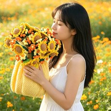 漸變向日葵花束針織毯子 手工編織玫瑰造型毛毯 適合送禮