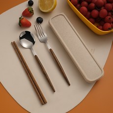 DFMEI 不鏽鋼學生便攜餐具套裝創意仿木紋葡萄牙勺叉子雞翅木筷子三件套, 1個, 夾柄葡萄牙(銀色)四件套:如圖