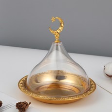 合金盤子復古西餐盤墊盤家用冷盤牛排沙拉盤甜品盤帶亞克力蓋, 1個, 金色