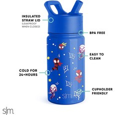 啵比小舖 美國Simple Modern 迪士尼兒童不銹鋼吸管水瓶/保溫保冷水壺 414ml, 1個, Marvel-Spidey & 朋友
