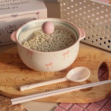 陶瓷蝴蝶結雙耳泡麪碗 附蓋 大容量, 1個, 粉白 蝴蝶結-泡麪碗,泡麪碗+蓋, 粉白