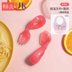 寶寶學吃飯輔食餐具組 感溫勺 兒童訓練餐具, 感溫訓練叉勺 薔薇粉 贈收納盒 圍兜, 1個