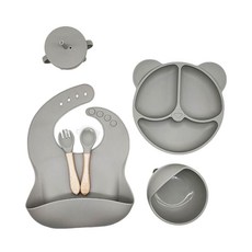 YZMY 矽膠兒童餐具六件套 寶寶輔食碗, 菸灰色, 1個, 6件套